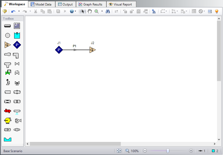 The Workspace for the GSC Heat Transfer example with a pipe connecting an assigned pressure junction to an assigned flow junction.